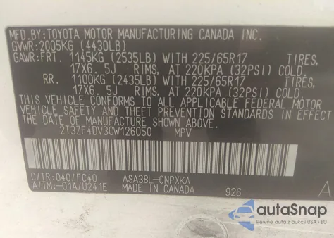 2012 Toyota Rav4 from USA, damaged, VIN 2T3ZF4DV3CW126050